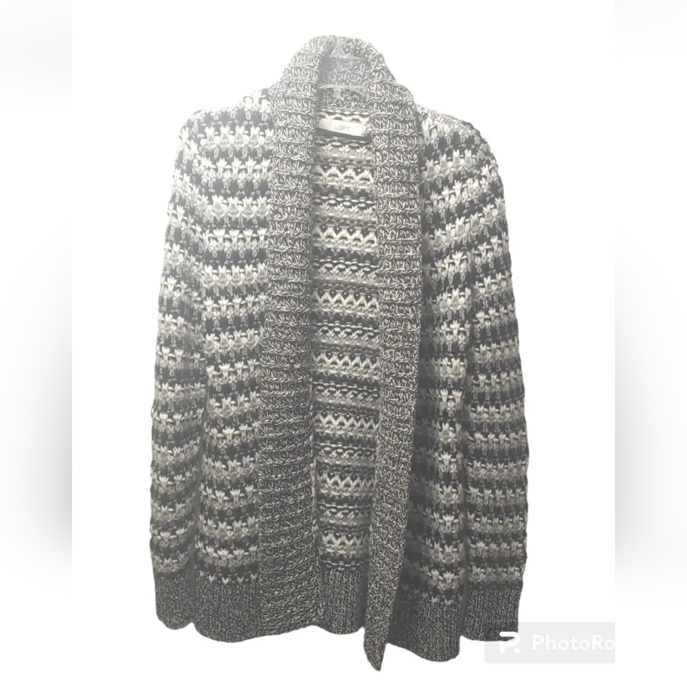 Loft Coatigan Cable Knit Cardigan Sweater Jacket Wool Alpaca Mohair Striped Med